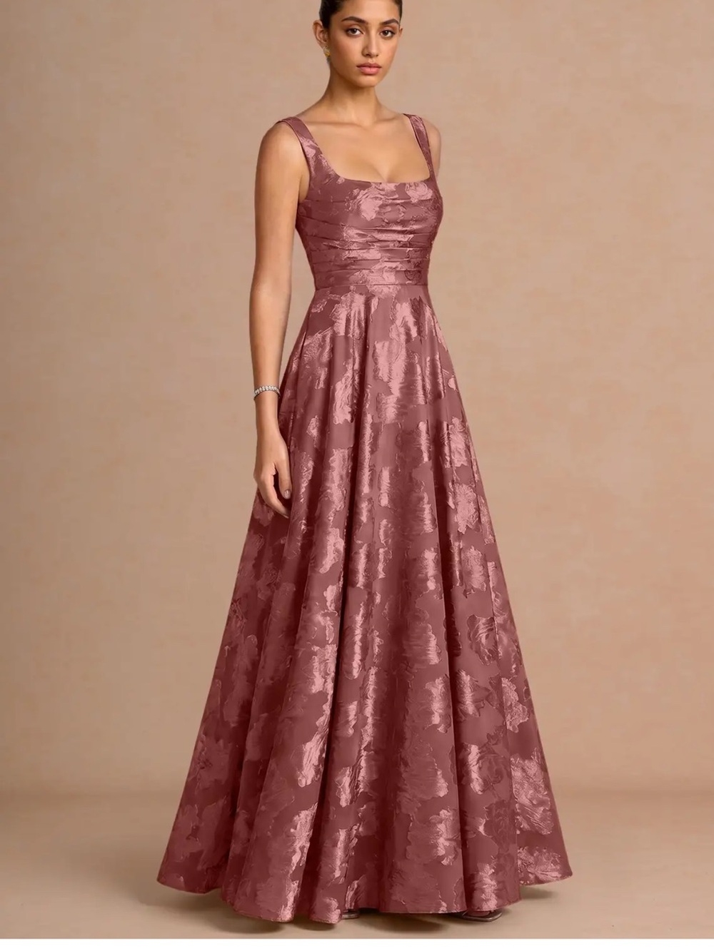 Azazie Mauve Floral Jacquard Square Neck Evening Gown